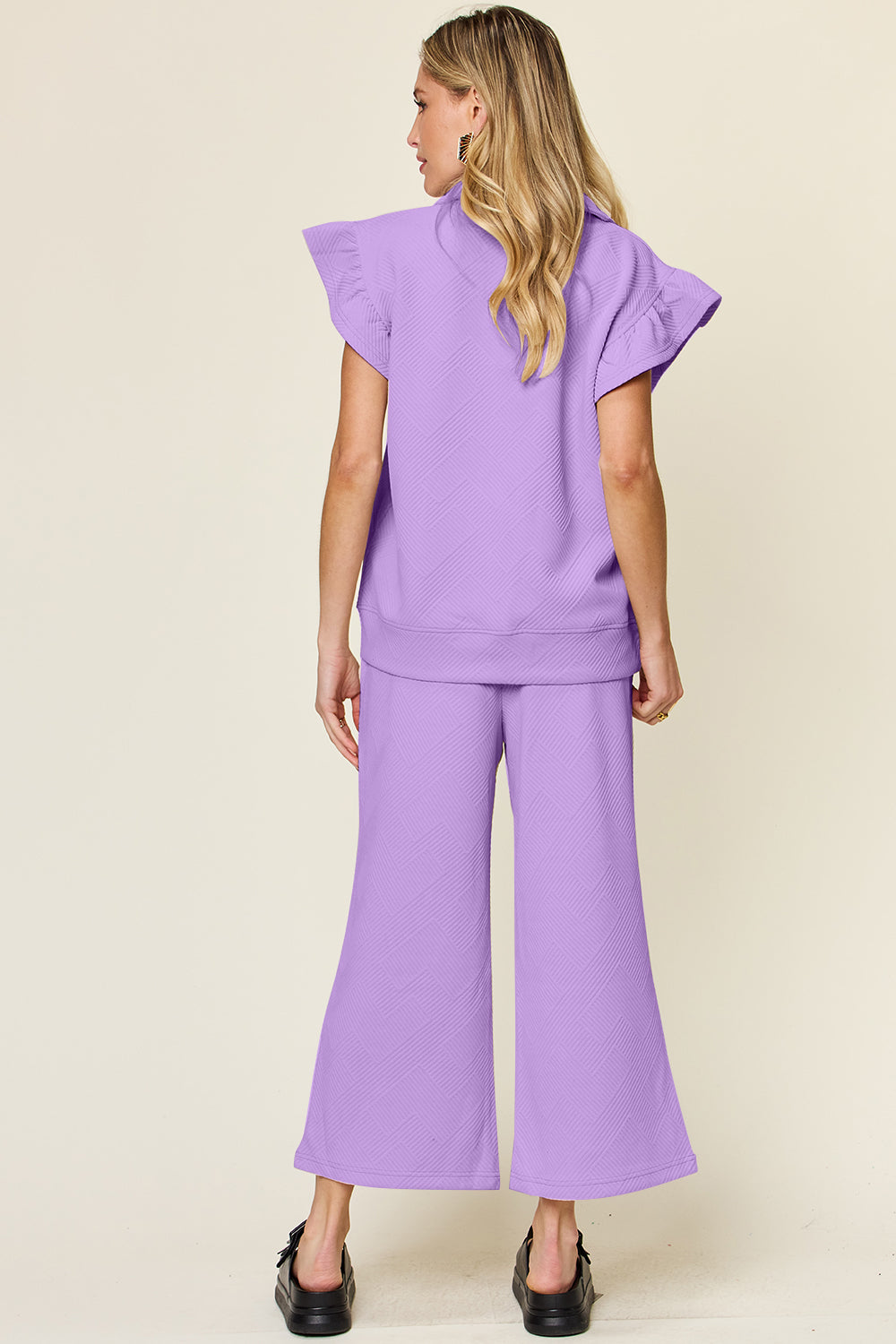 Double Take Texture Ruffle Sleeve Top and Drawstring Wide Leg Pants Set