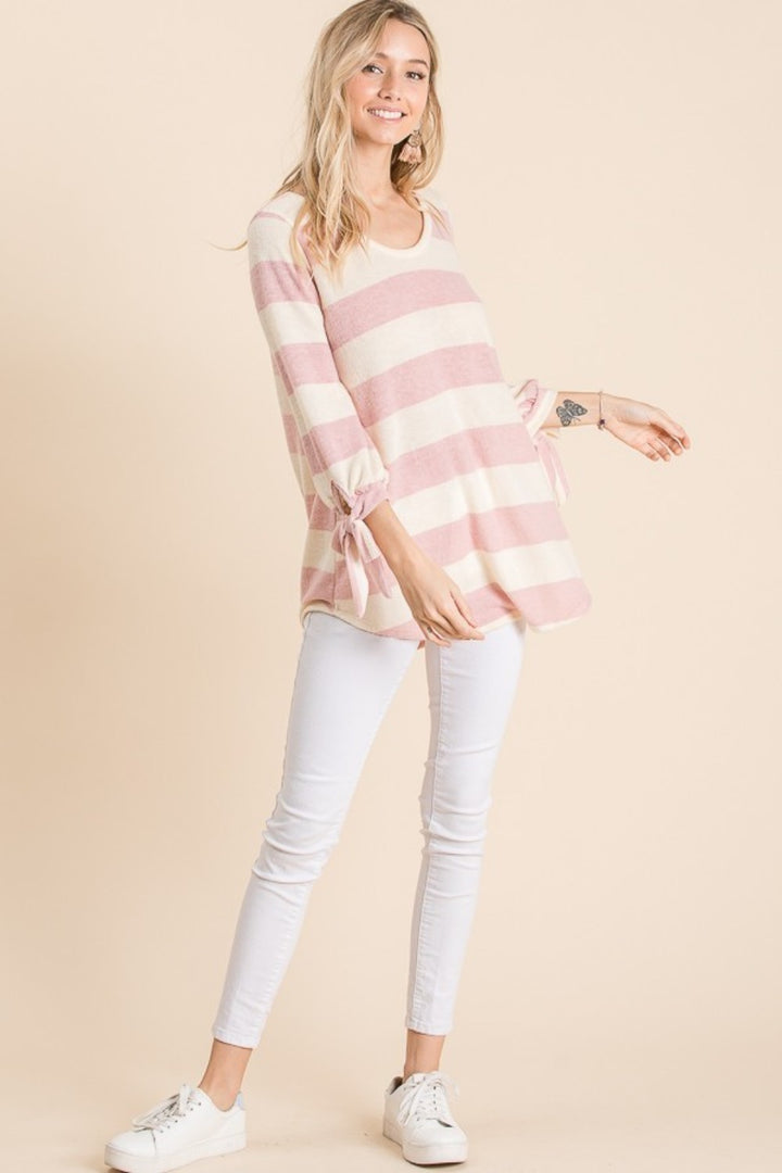 Reborn J Ribbon Cuff Contrast Striped Hacci Top - Boho Soho