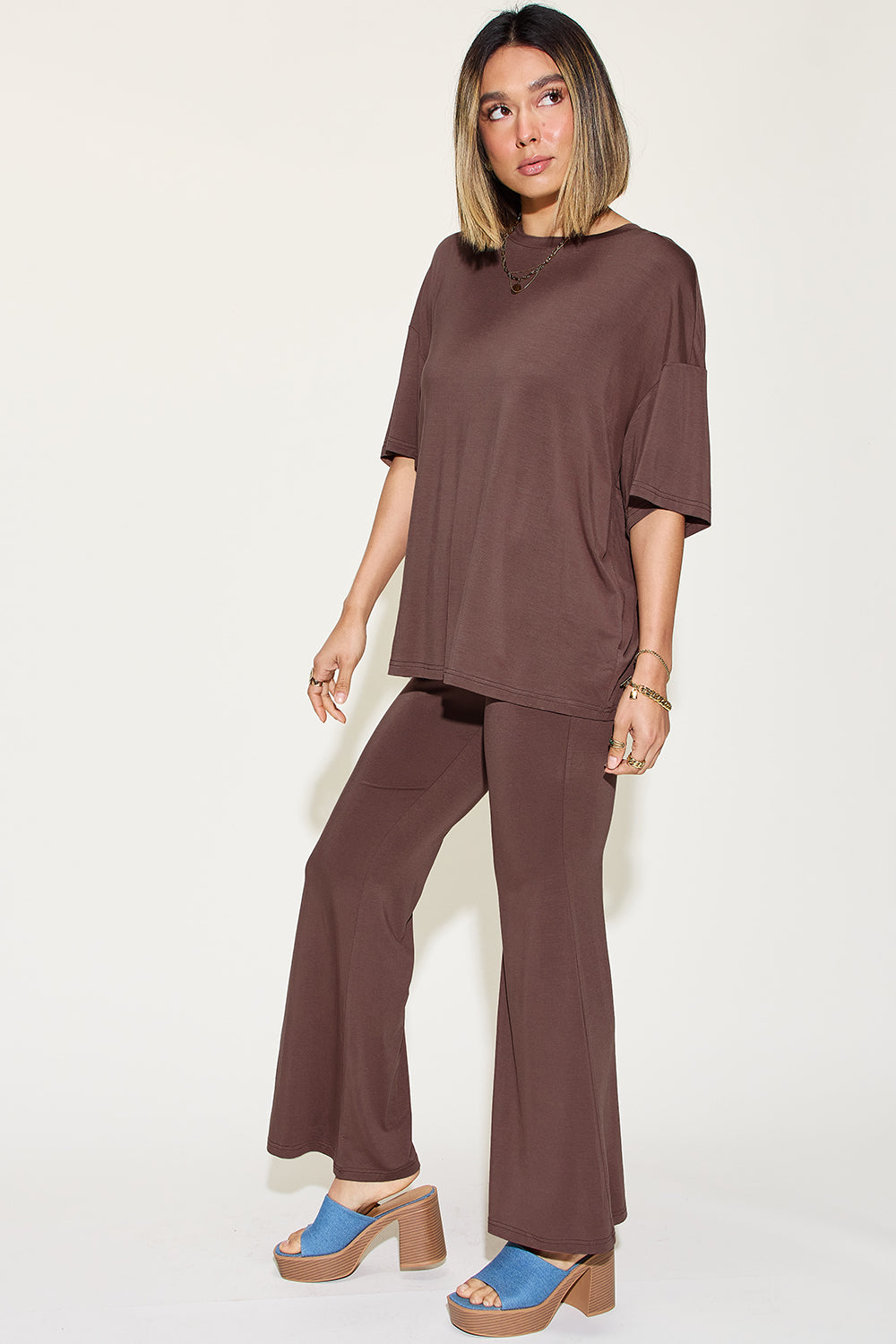 Basic Bae Bamboo Drop Shoulder Top & Flare Pants Set