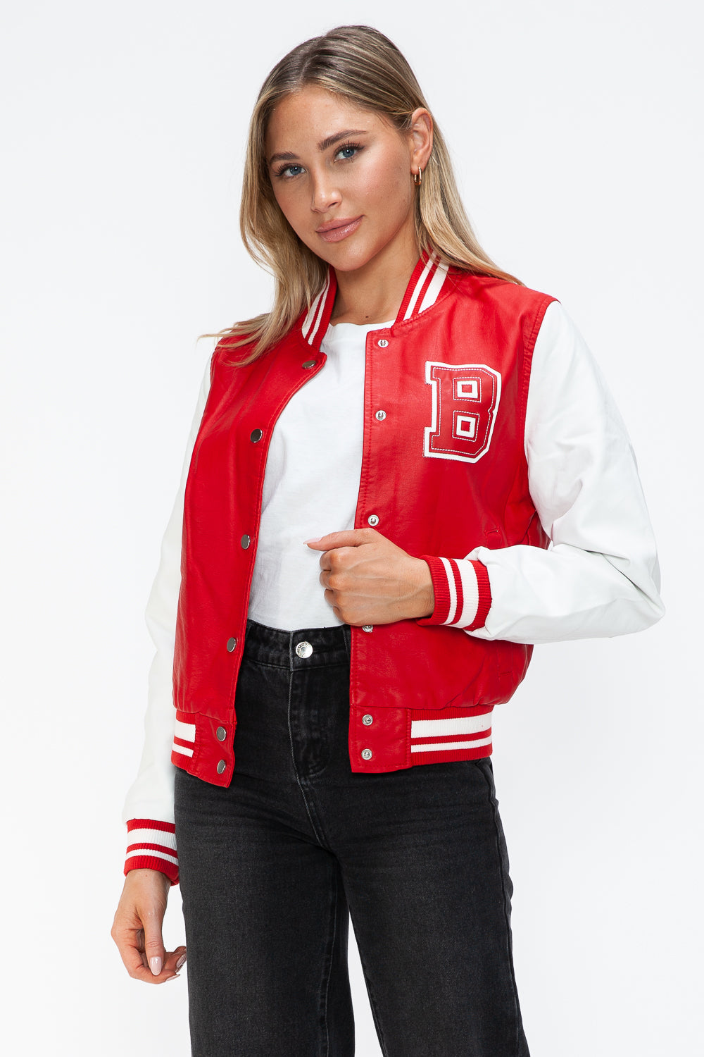 Love Me Now PU Leather Contrast Snap Down Bomber Jacket - Boho Soho