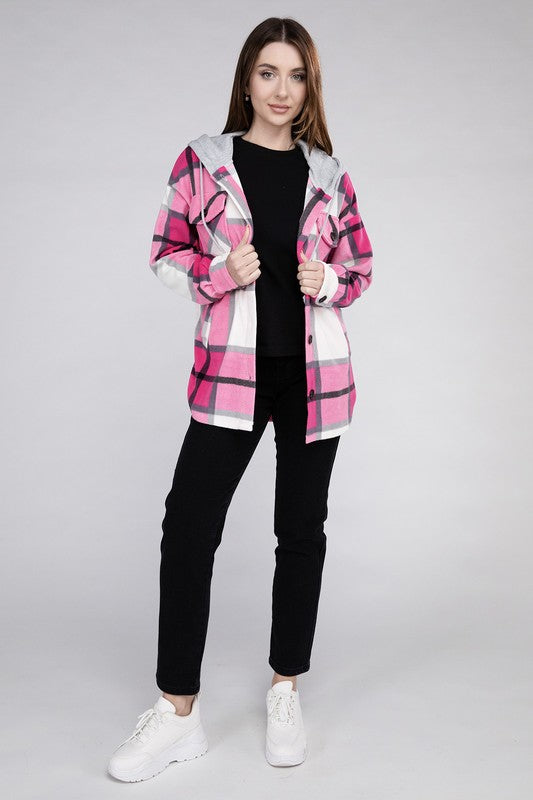 Zenana Plaid Drawstring Hooded Fleece Shacket