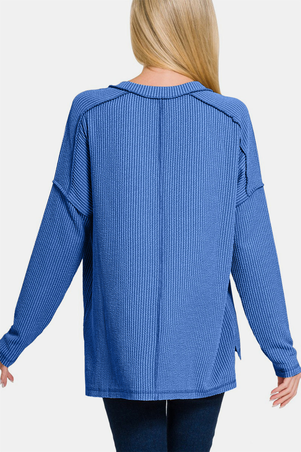 Zenana Texture Exposed Seam V-Neck Long Sleeve Top