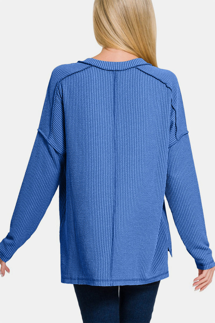 Zenana Texture Exposed Seam V-Neck Long Sleeve Top