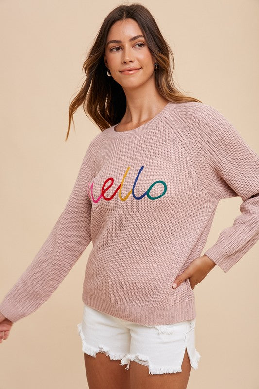 Annie Wear HELLO Embroidered Raglan Sleeve Sweater