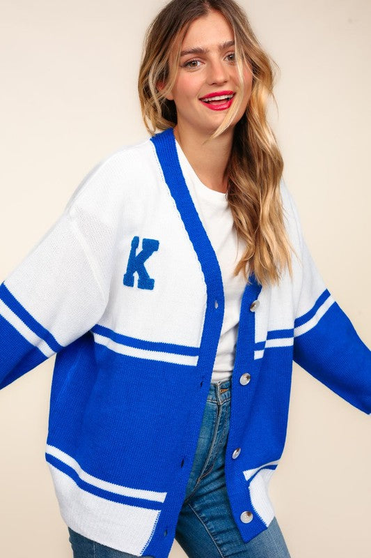 Haptics Letter Patch Contrast V-Neck Cardigan