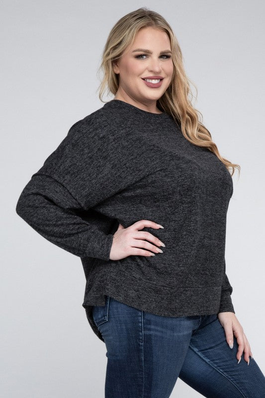 Zenana Plus Brushed Melange Drop Shoulder Sweater