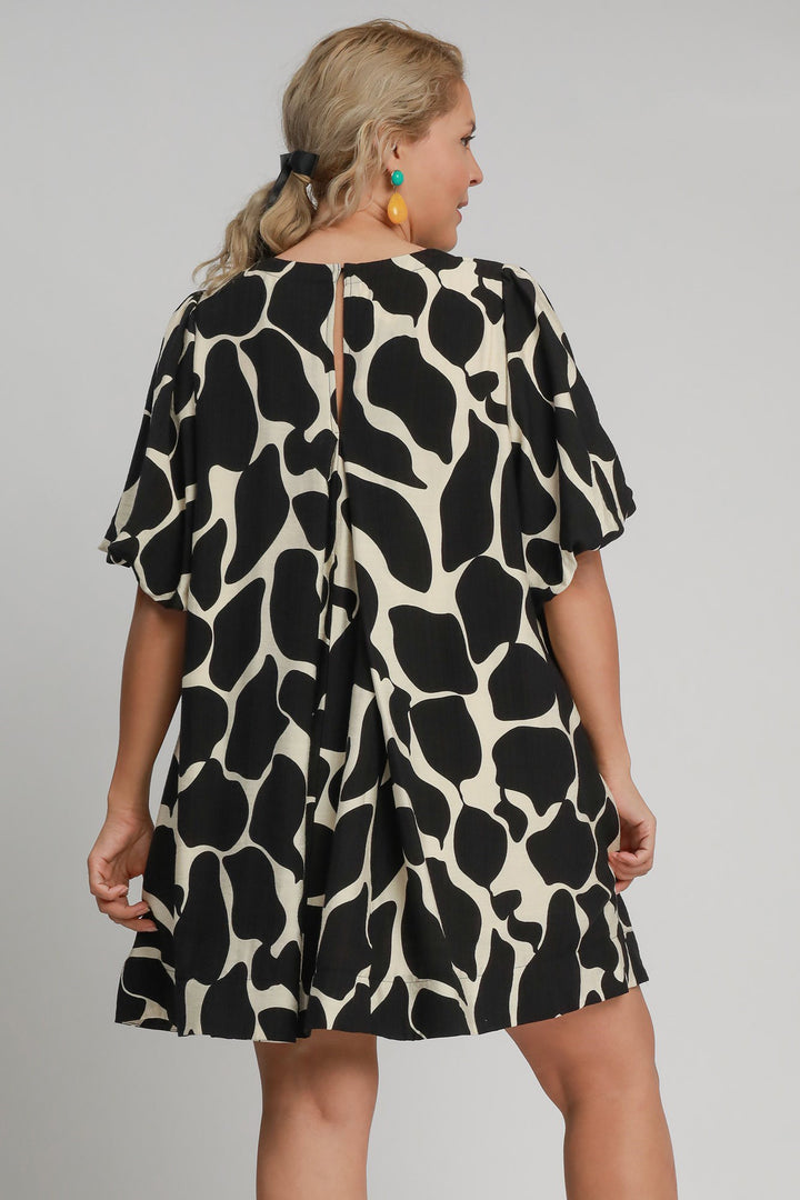 Umgee Two Tone Abstract Print Puff Sleeve Dress