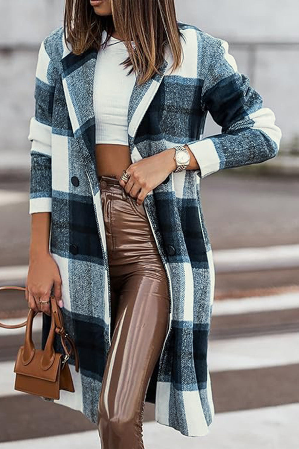 Double Take Plaid Button Up Lapel Collar Coat