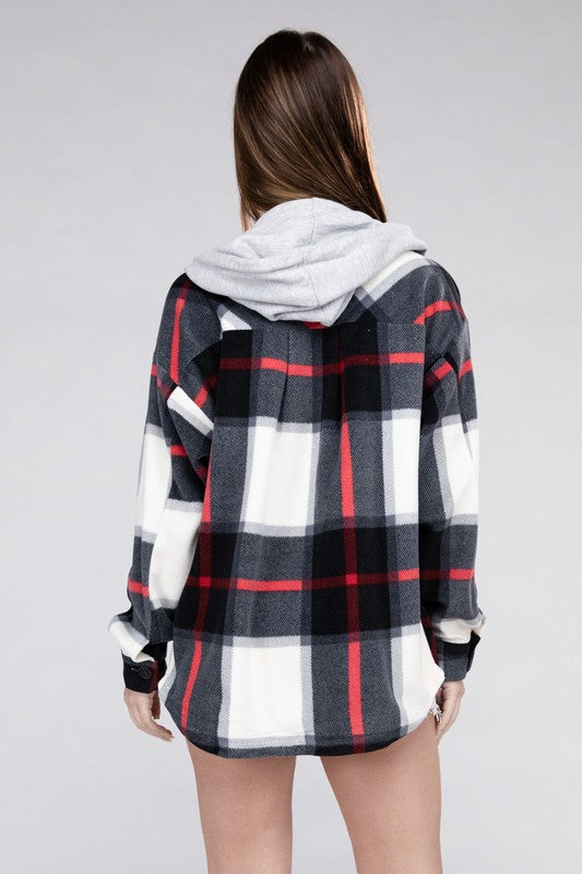 Zenana Plaid Drawstring Hooded Fleece Shacket