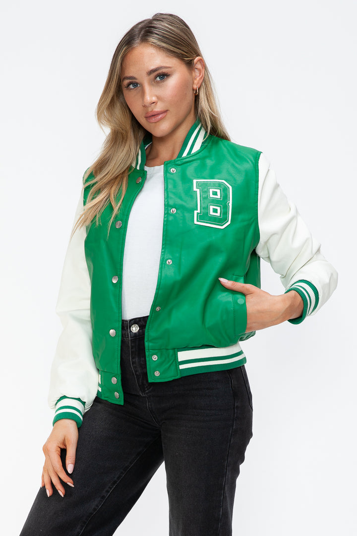 Love Me Now PU Leather Contrast Snap Down Bomber Jacket - Boho Soho