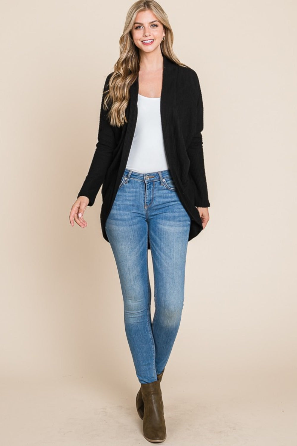 BOMBOM Open Front Waffle Knit Cocoon Cardigan - Boho Soho