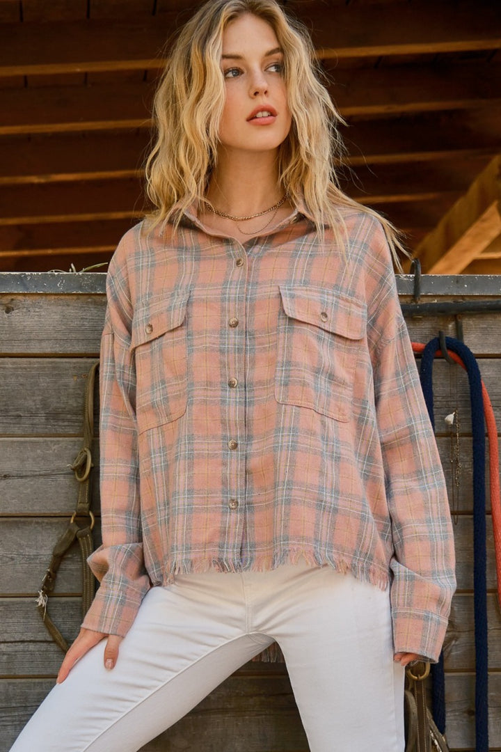 And The Why Plaid Button Up Raw Hem Shirt