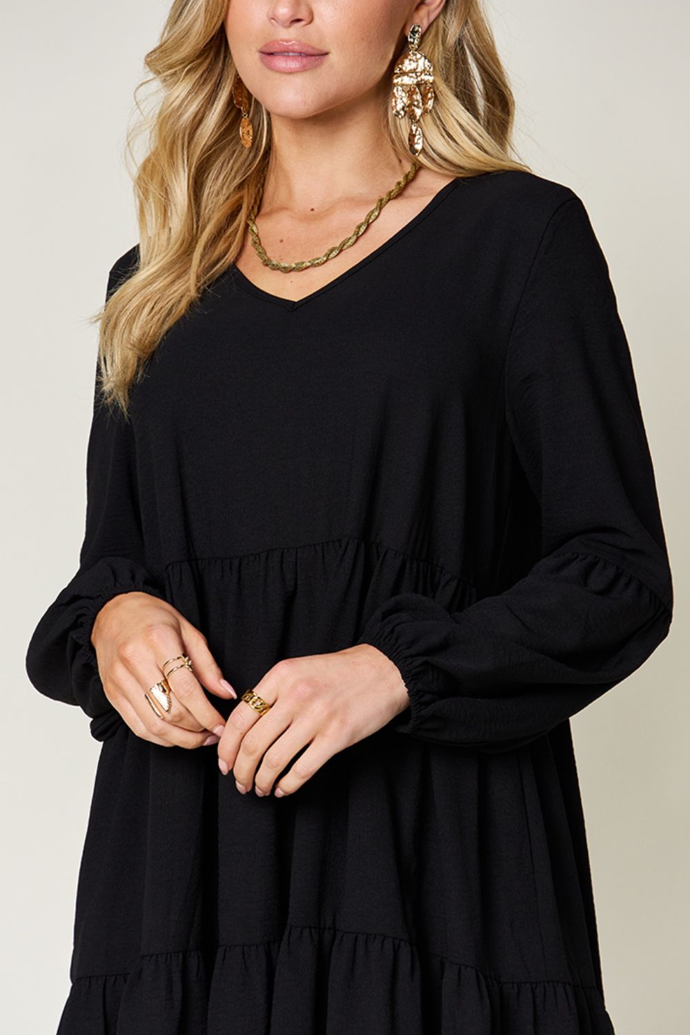 Double Take V-Neck Balloon Sleeve Tiered Dress with Pockets