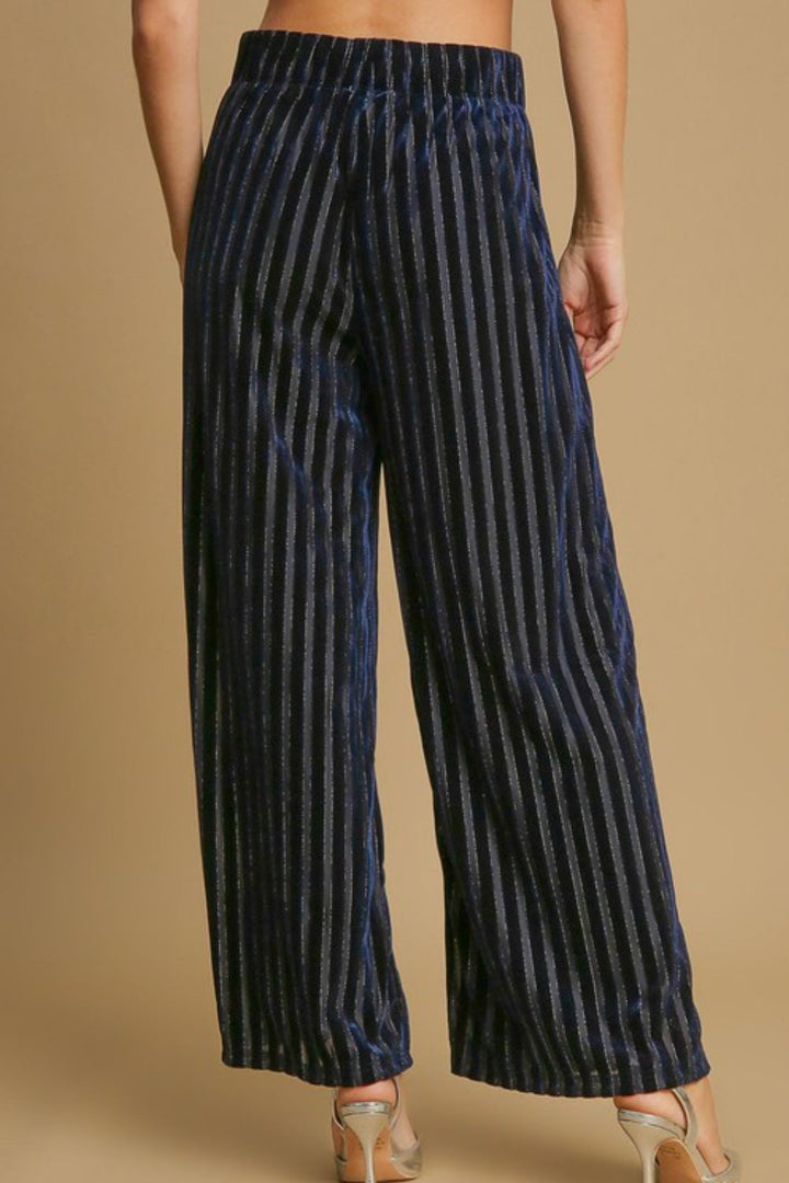 Umgee Elastic Waist Striped Wide Leg Velvet Pants