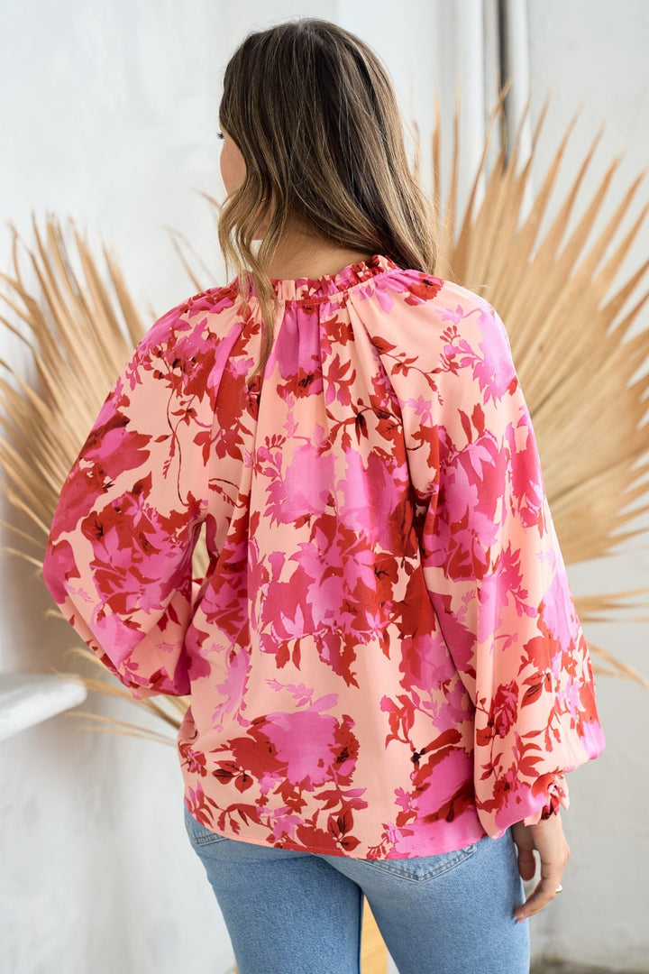 Hailey & Co Ruffle V-Neck Decor Button Floral Blouse - Boho Soho