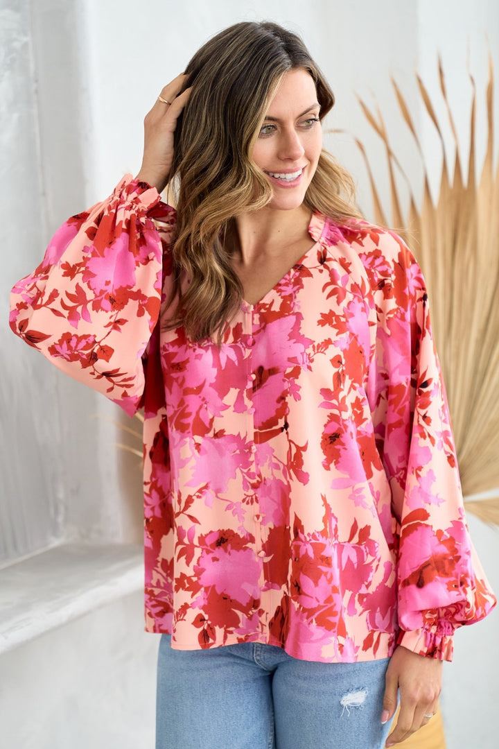 Hailey & Co Ruffle V-Neck Decor Button Floral Blouse - Boho Soho