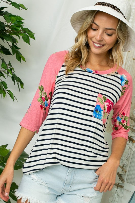 PLUS STRIPE FLORAL PRINT POCKET TOP