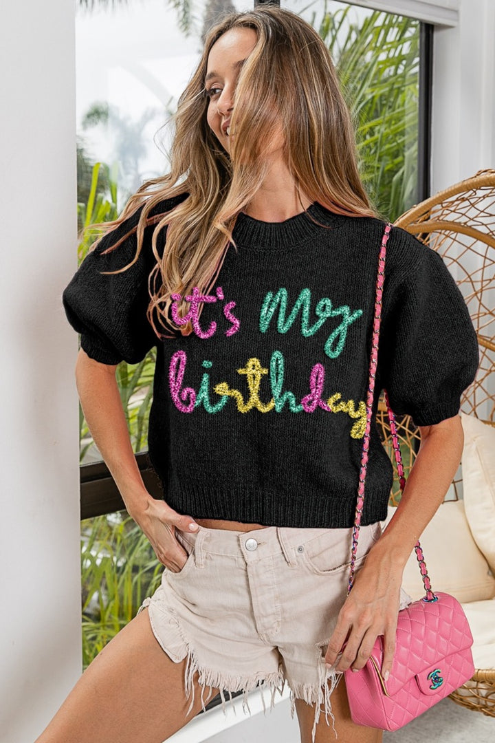 BiBi Metallic IT’S MY BIRTHDAY Puff Sleeve Fuzzy Sweater