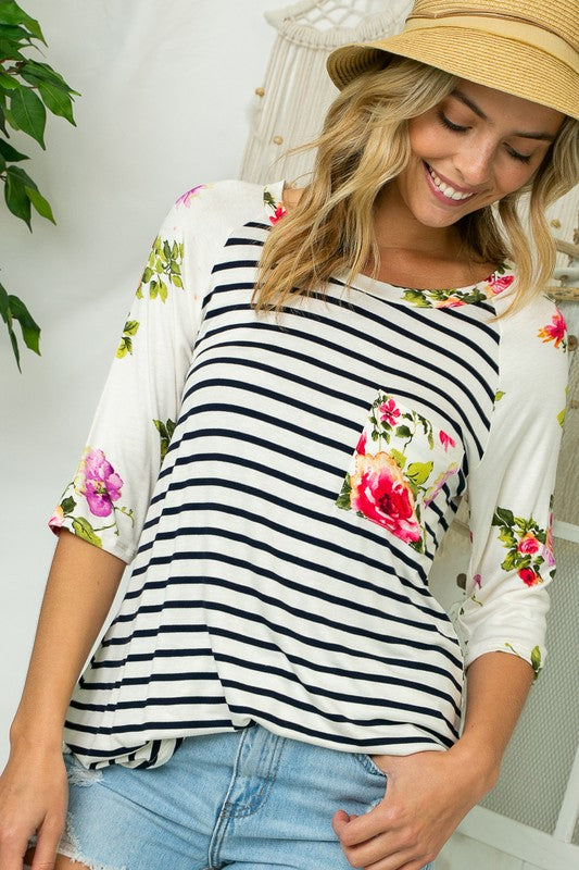 PLUS STRIPE FLORAL PRINT POCKET TOP