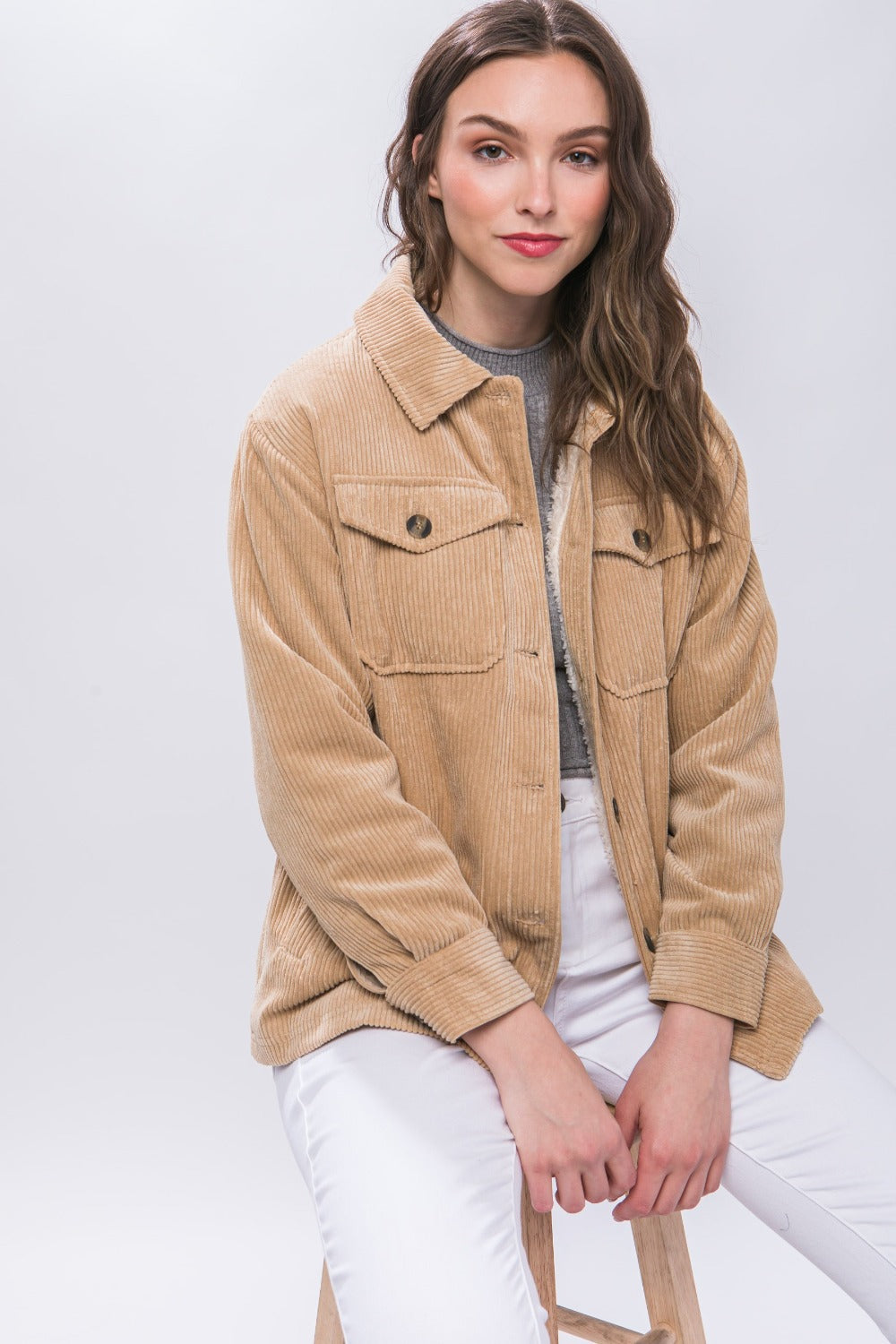 Love Tree Corduroy Button Up Sherpa Lined Jacket