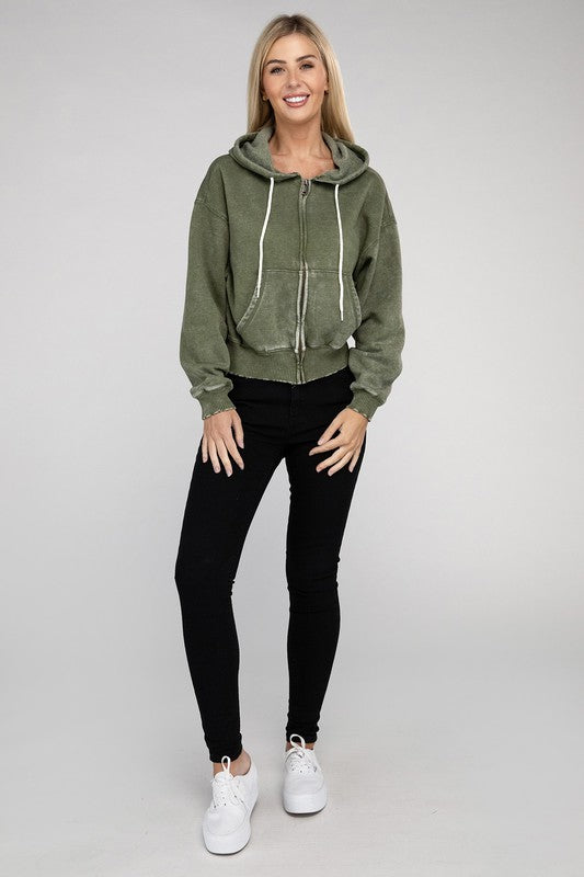 Zenana Acid Wash Fleece Cropped Zip-Up Hoodie - Boho Soho