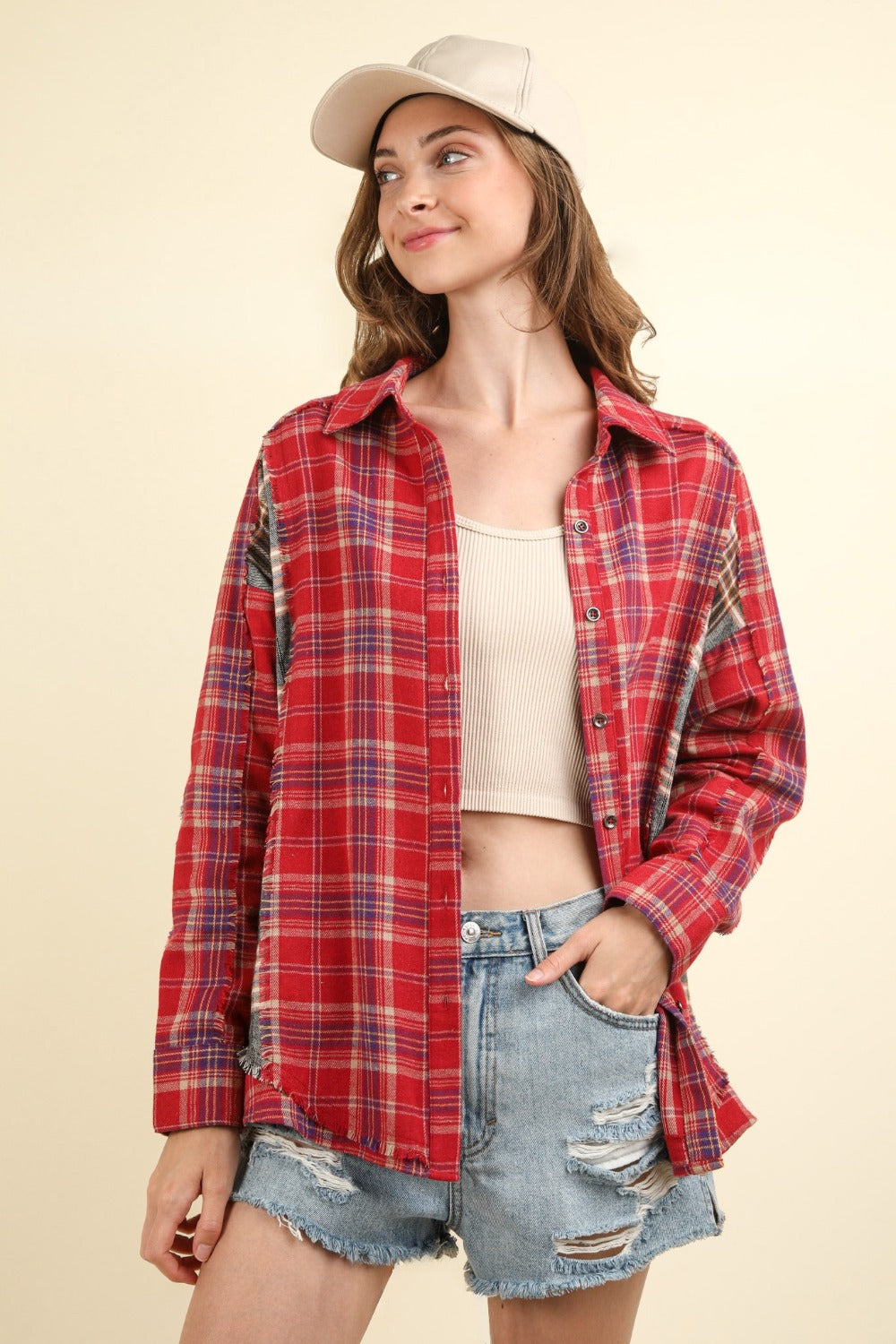 VERY J Contrast Plaid Raw Detail Shirt