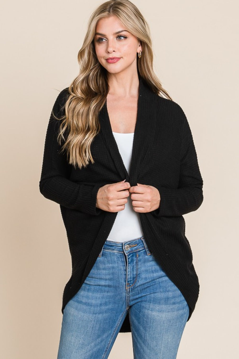 BOMBOM Open Front Waffle Knit Cocoon Cardigan - Boho Soho