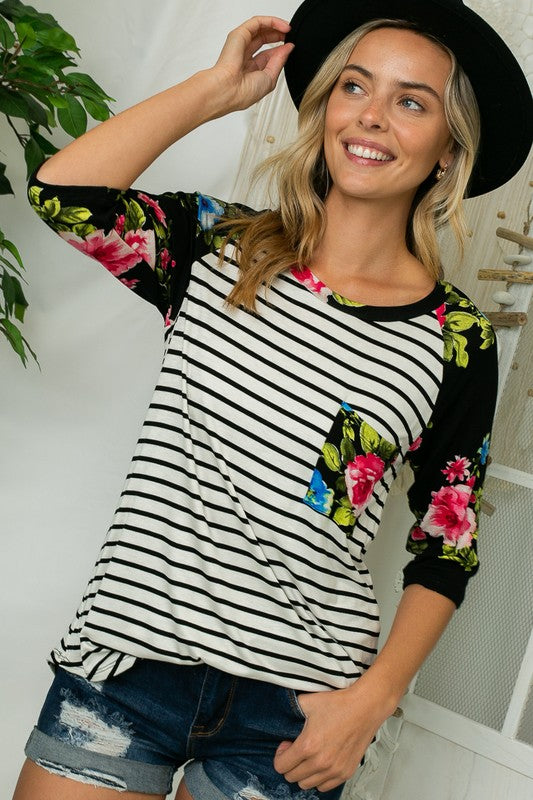 PLUS STRIPE FLORAL PRINT POCKET TOP