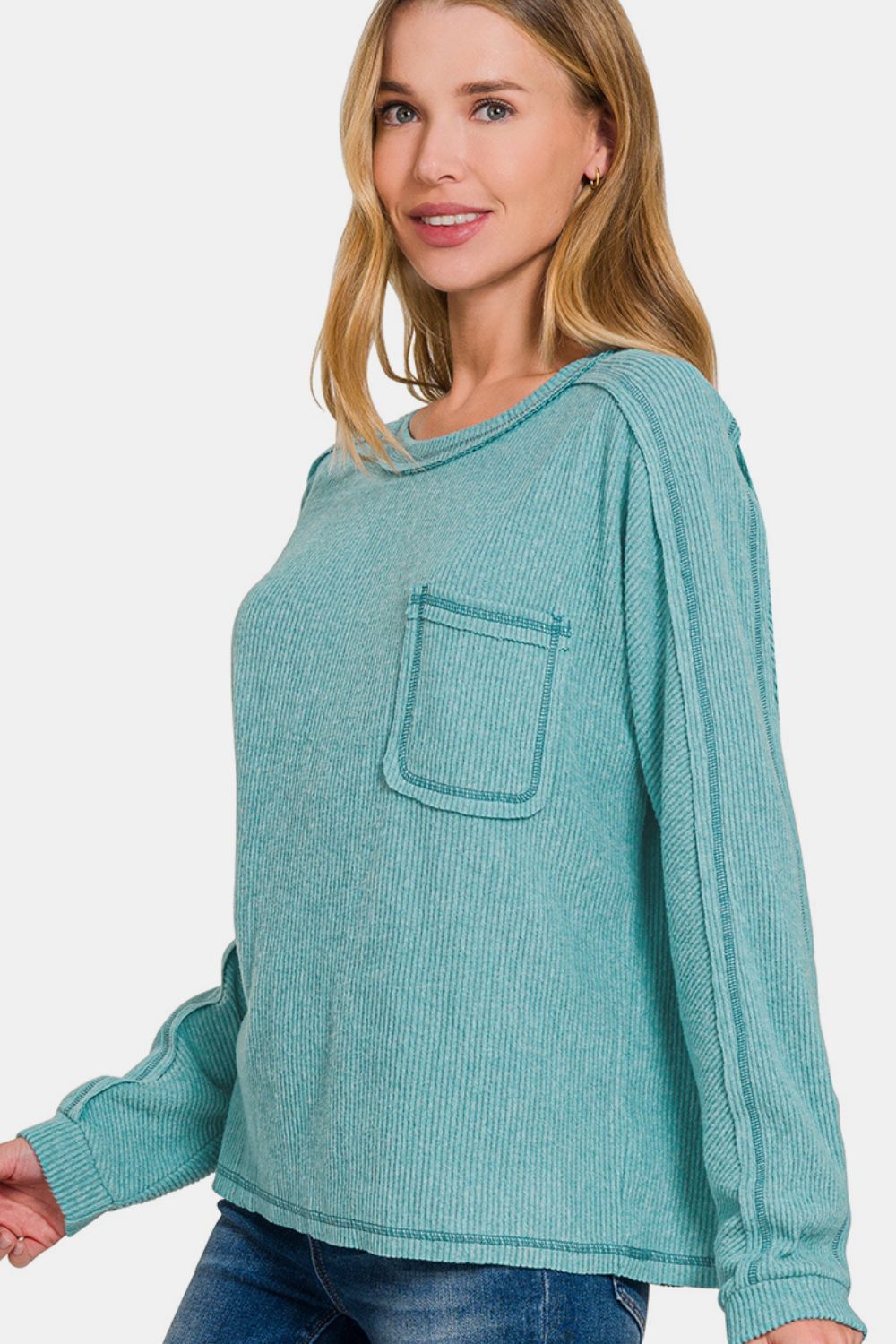 Zenana Contrast Stitching Brushed Ribbed Hacci Knit Top