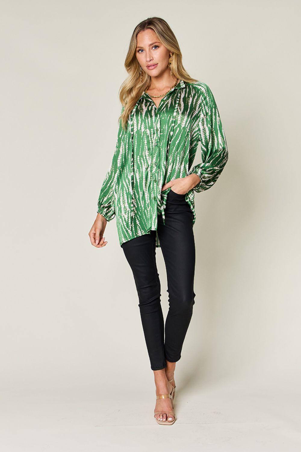 Double Take Printed Button Up Long Sleeve Shirt