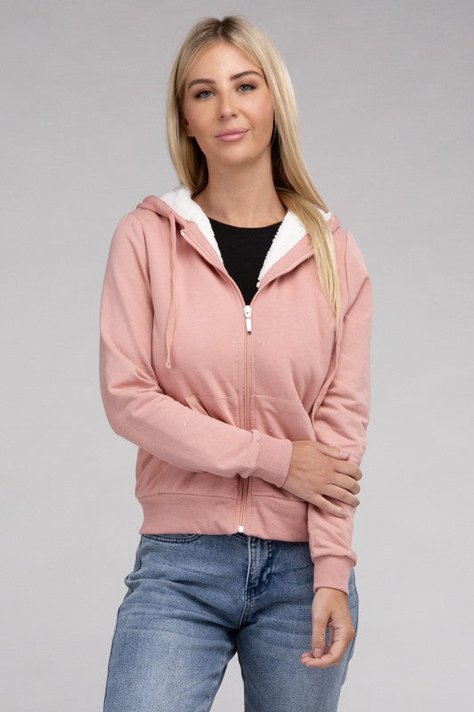 Ambiance Fuzzy Trim Zip-Up Crop Hoodie