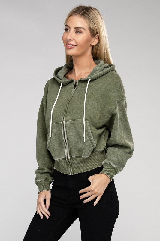 Zenana Acid Wash Fleece Cropped Zip-Up Hoodie - Boho Soho