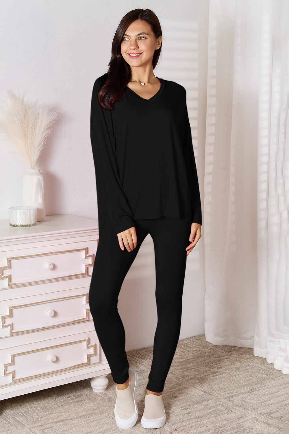 Basic Bae Bamboo V-Neck Long Sleeve Top and Pants Lounge Set