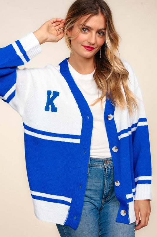Haptics Letter Patch Contrast V-Neck Cardigan