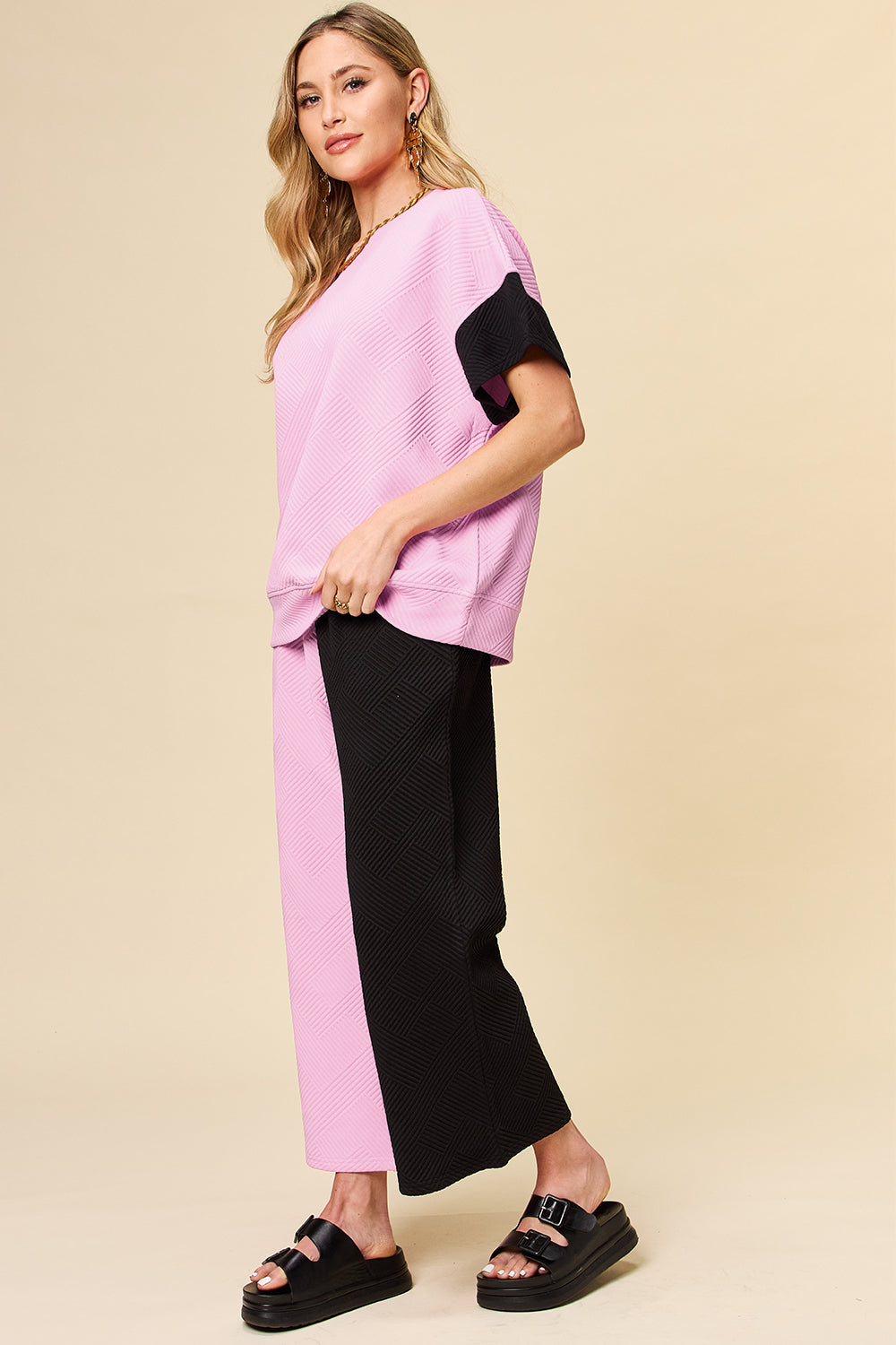 Double Take Texture Contrast T-Shirt and Wide Leg Pants Set