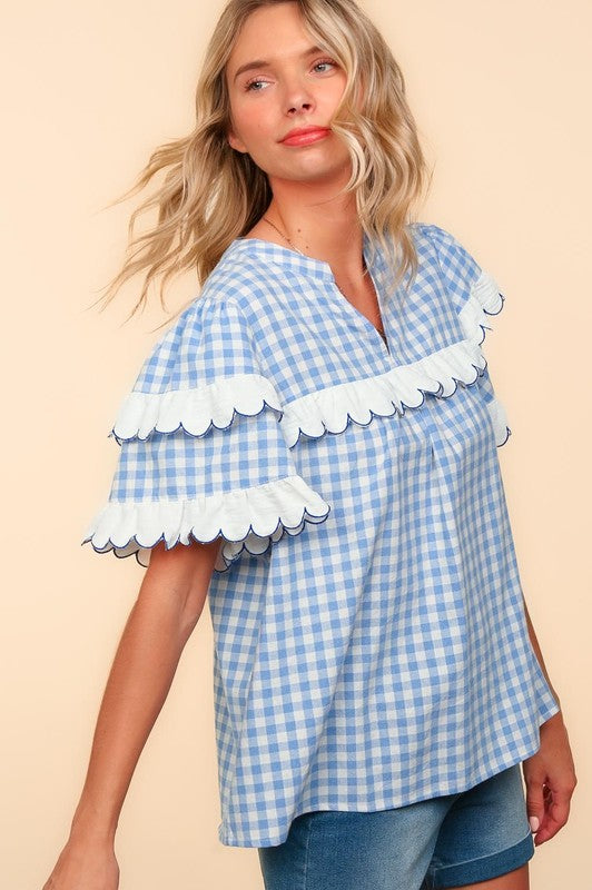 Haptics Plaid Scallop Hem Notched Short Sleeve Blouse