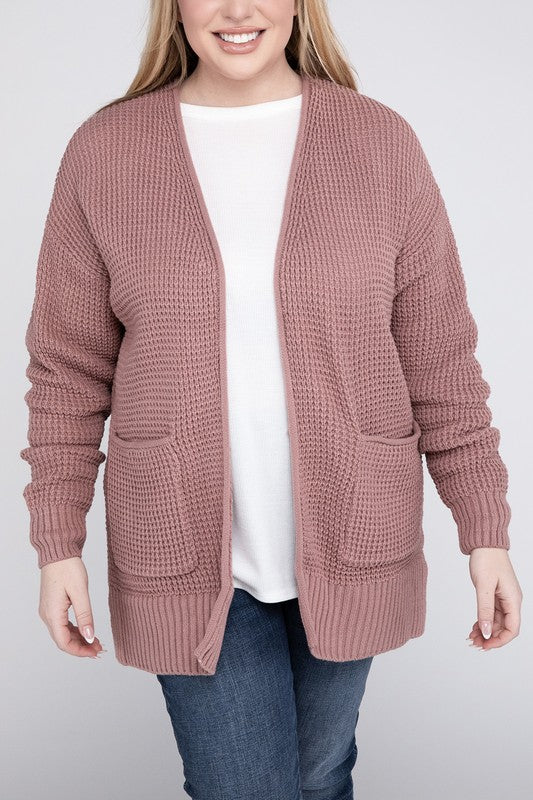 Zenana Plus Low Gauge Waffle Open Cardigan Sweater