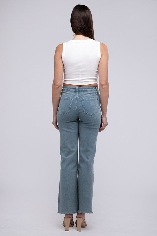 Zenana Acid Washed Frayed Cutoff Hem Straight Wide Jeans