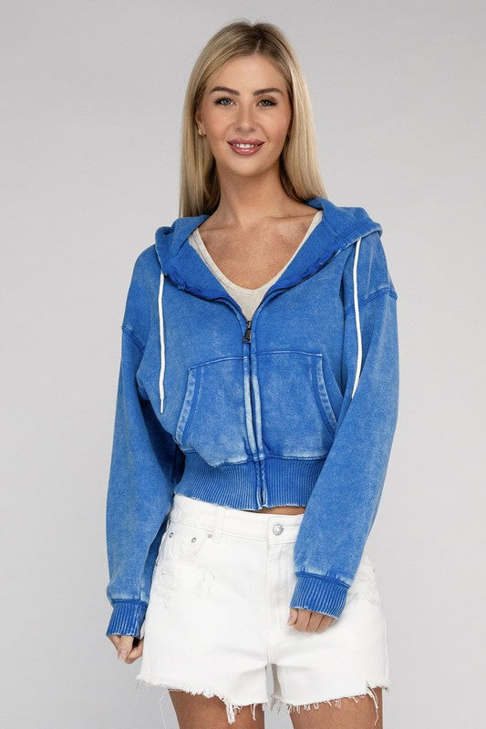 Zenana Acid Wash Fleece Cropped Zip-Up Hoodie - Boho Soho