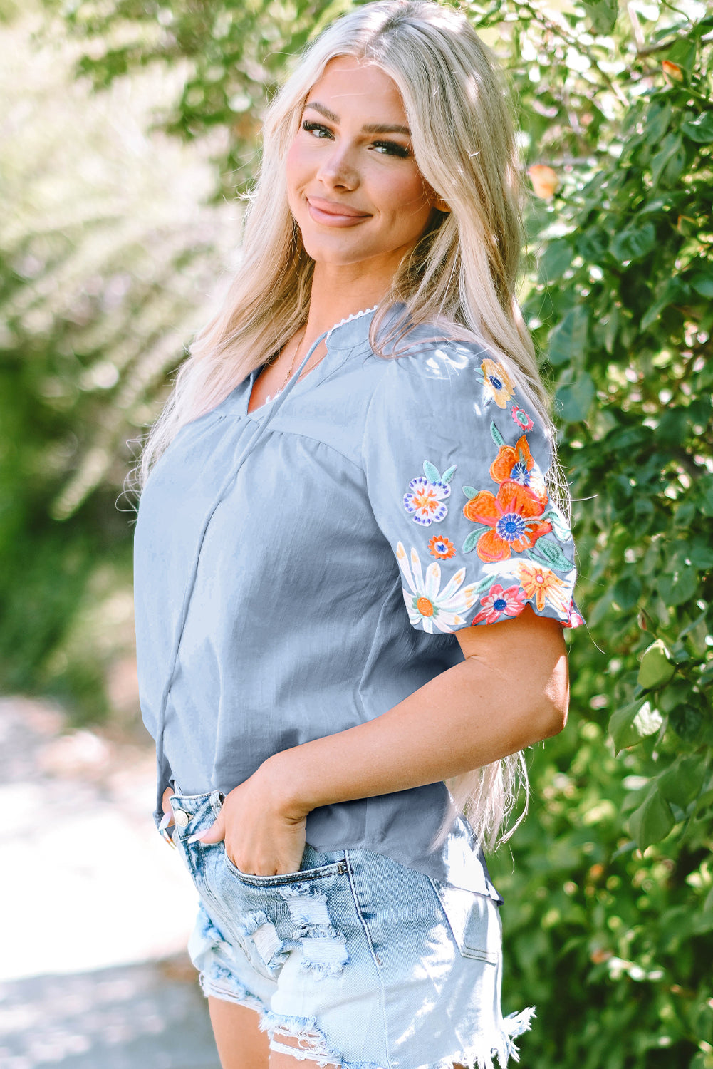 Beau Blue Floral Embroidered Puff Sleeve Split Neck Blouse