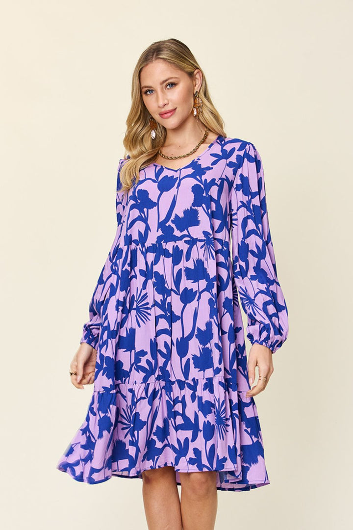 Double Take Full Size Printed Ruffle Hem Dress with Pockets