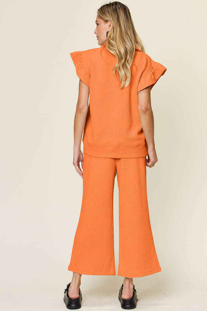 Double Take Texture Ruffle Sleeve Top and Drawstring Wide Leg Pants Set