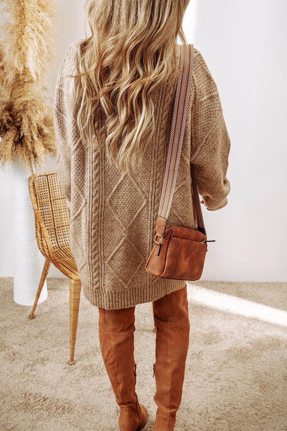 Cable Knit Drop Shoulder Loose Fit Sweater Dress - Boho Soho