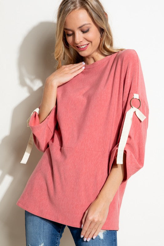 SOLID BRUSHED TERRY ROLL UP SLEEVE CASUAL TOP