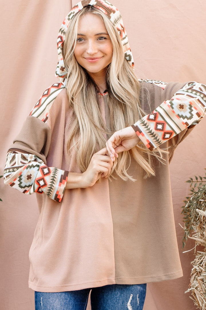 And The Why Aztec Print Color Block Hooded Waffle Top