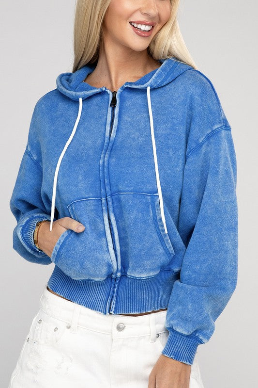 Zenana Acid Wash Fleece Cropped Zip-Up Hoodie - Boho Soho