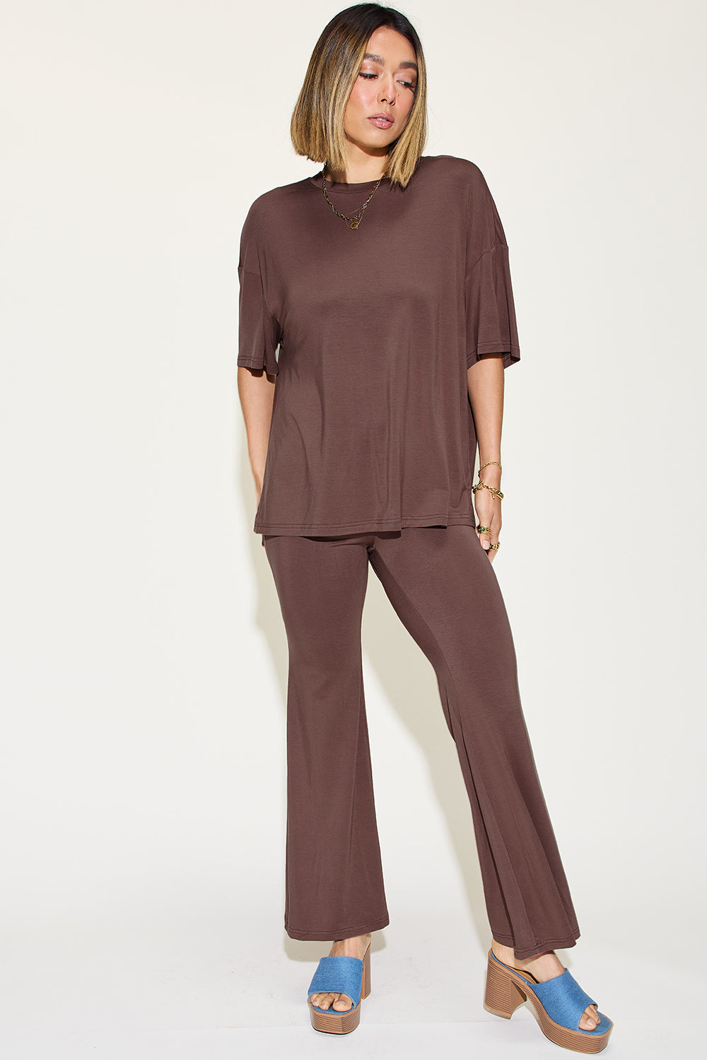 Basic Bae Bamboo Drop Shoulder Top & Flare Pants Set