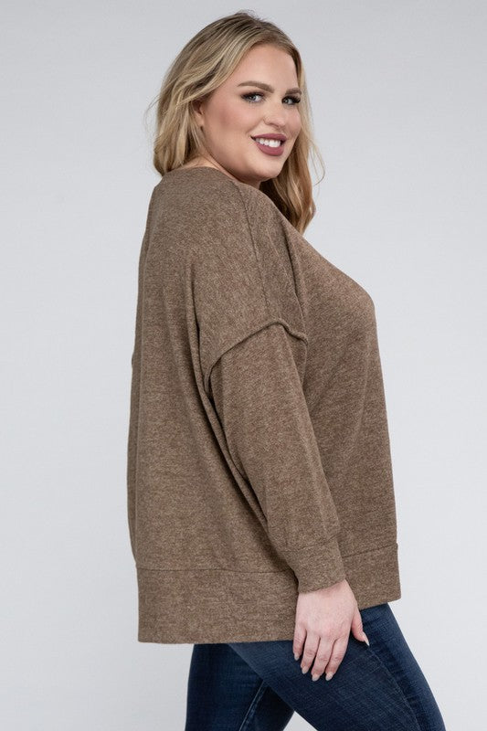 Zenana Plus Brushed Melange Drop Shoulder Sweater