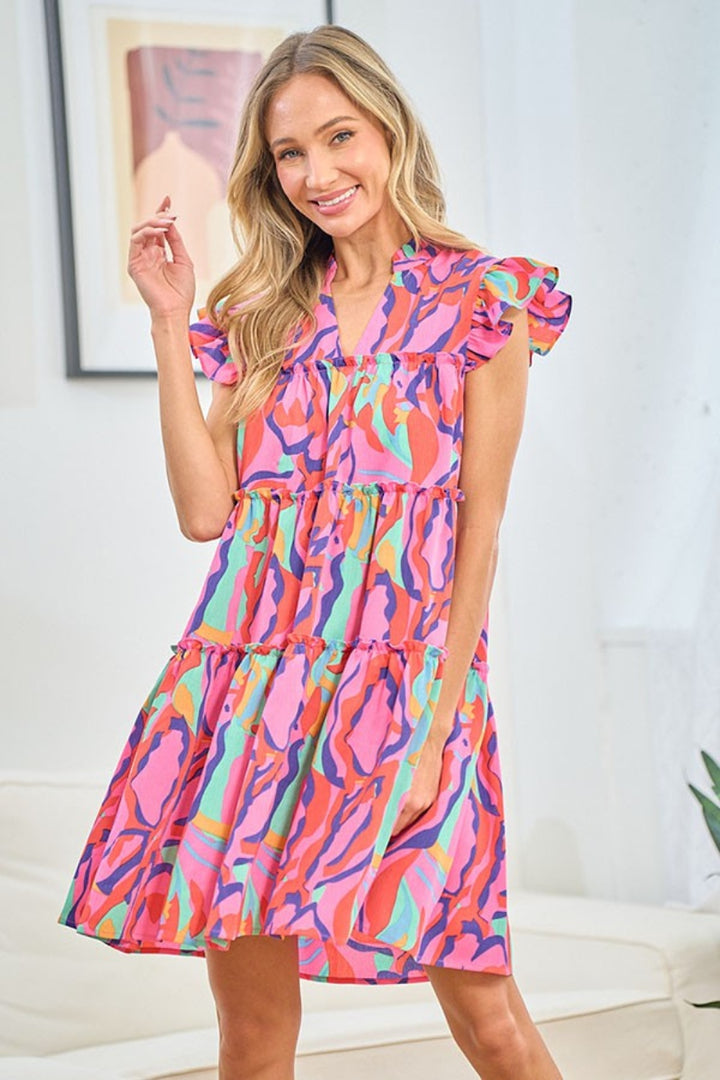 First Love Printed Ruffle Cap Sleeve Tiered Dress