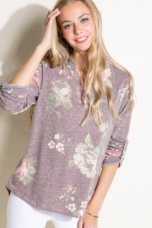 PLUS FLORAL SPLIT NK ROLL SL TOP